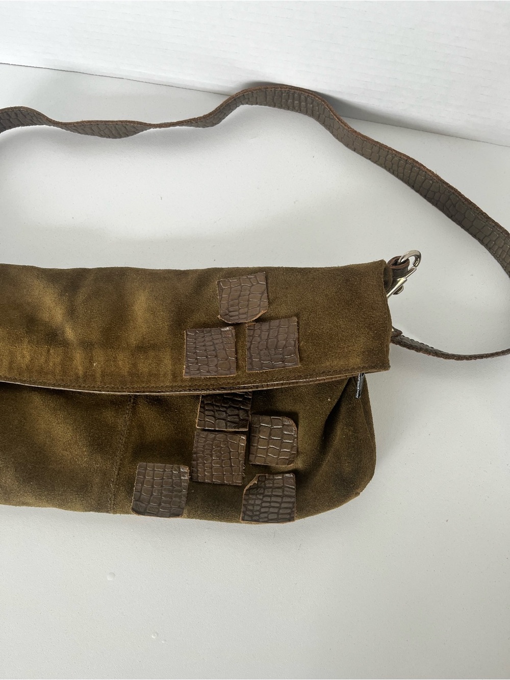 Olive Green Suede Crossbody Bag with Textured Square Accents